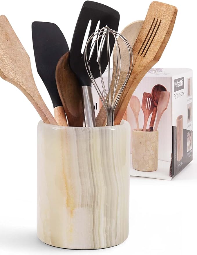 Marble Utensil Holder 6.5 Inch White Onyx Wooden Cooking Utensils Set & Spatula Organizer for Kitchen Counter Decor, Utensil Crock & Stone Caddy for Spoon Holder & Modern Farmhouse Decor