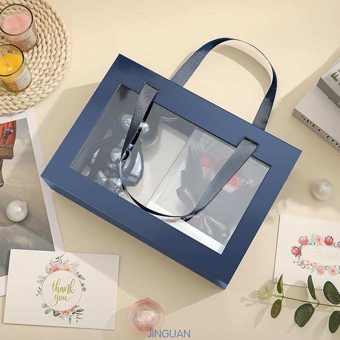 JINGUAN Navy Blue Gift Box with Window, Clear Magnetic Gift Box for Present, Groomsman Proposal Box (10.5x7.5x3 Inches)