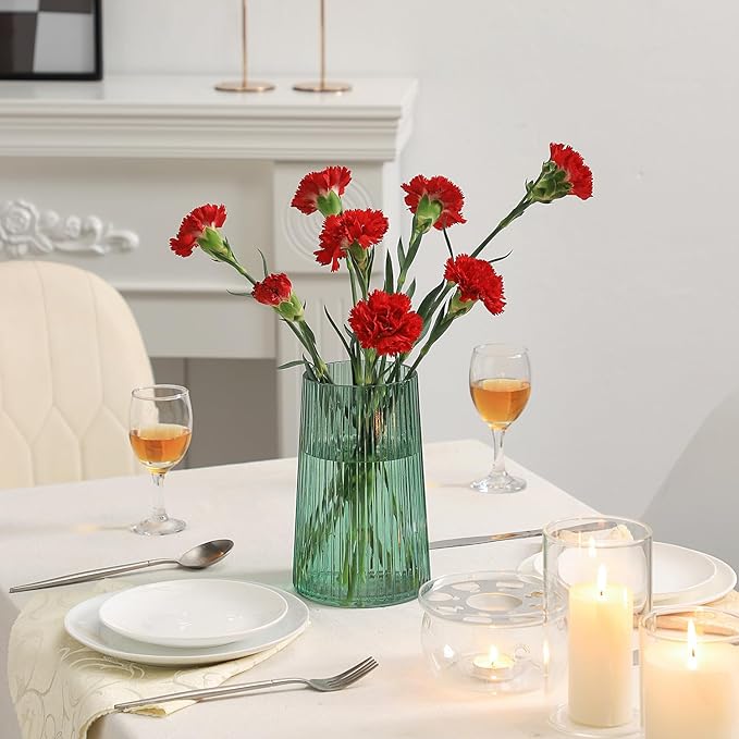 Green Glass Vase for Flower, Flower Vase for Bouquet, Modern Glass Vases, Ribbed Vases for Living Room, Bedroom, Dining Table, Office, Wedding, Centerpieces, 8 Inches