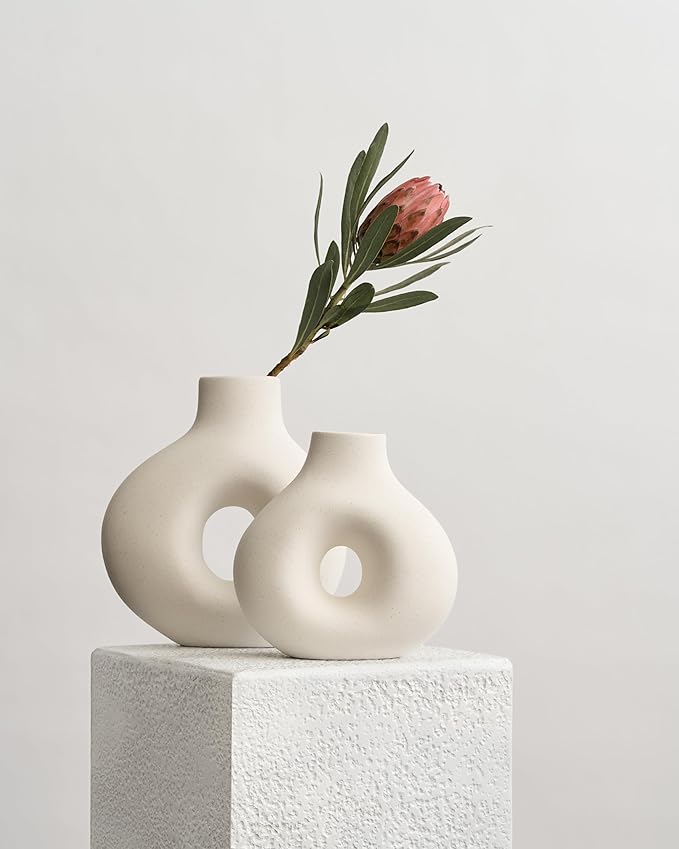 NOBULA White Ceramic Donut Vases – Modern Home Decor for Living Room, Bedroom & Table Centerpiece - Minimalist Nordic – Unique Vases for Olive Plant & Flowers – Decorative Coffee Table Vase Set of 2