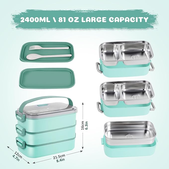 Bento Lunch Box for Kids Women Men, 47oz 2-Compartment Salad Metal Food Prep Pack Container for Lunch, Stainless Steel 3 Layers Stackable Lunch Containers with Lids for Adults and Teens Light Green