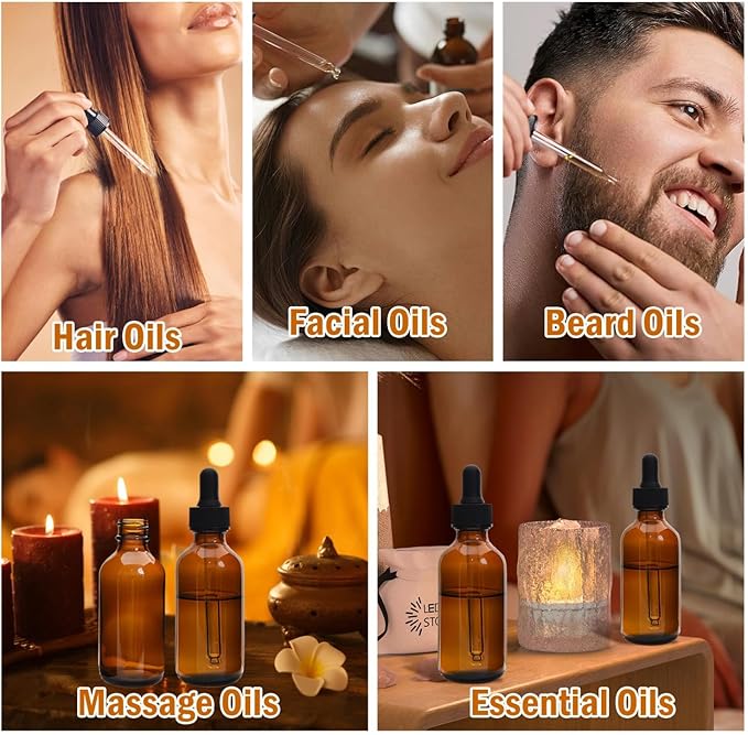 June Fox 2oz Glass Dropper Bottle, 80 Pack Amber Glass Bottles with Glass Droppers and Black cap for Essential Oils, Lab Chemicals, Perfumes