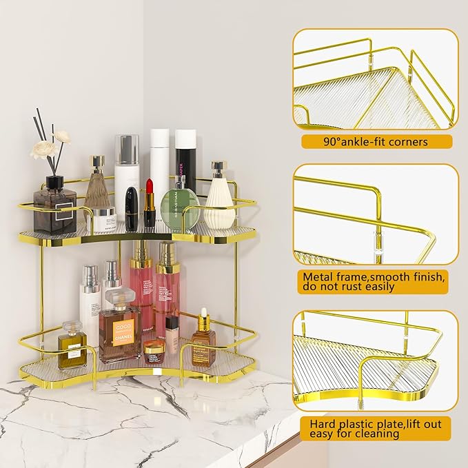 FOLLOWIN 2 Tier Bathroom Corner Countertop Organizer,Make Up Organizers and Storage,Corner Counter Shelf,Skincare Makeup Cosmetic Vanity Lotion Perfume Organizers Holder,Shine Gold