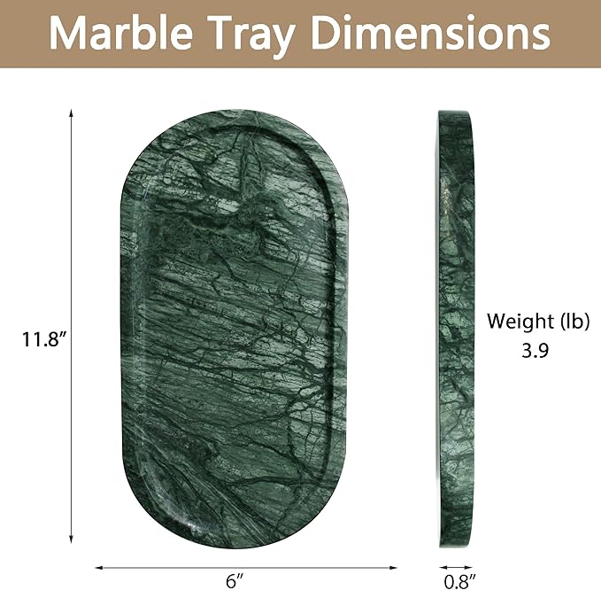 100% Real Natural Marble Tray for Bathroom, Luxury Indian Green Stone Vanity Tray, Decorative Oval Trays for Countertop Storage Organizer, Dresser, Kitchen, Home Decor, 11.8" x 6", Green