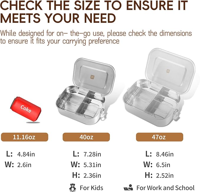 GOLDEN KEY 40QZ Stainless Steel Bento Box for Kids, 1200ml Metal Lunch Box for Kids or Adults,Stainless Steel Food Storage Containers with Lids and Lockable Clips for Travel, Work
