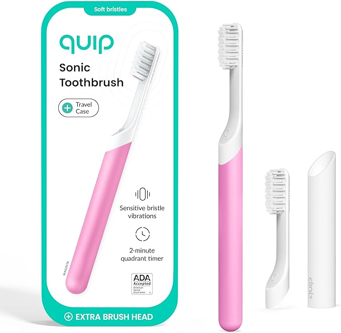 Quip Sonic Toothbrush for Adults with Timer - Includes Extra Brush Head and Travel Cover Mount - Electric, Soft Bristle Refill Head, Plastic Handle, 3 Month Battery Life - Travel Toothbrush - Magenta