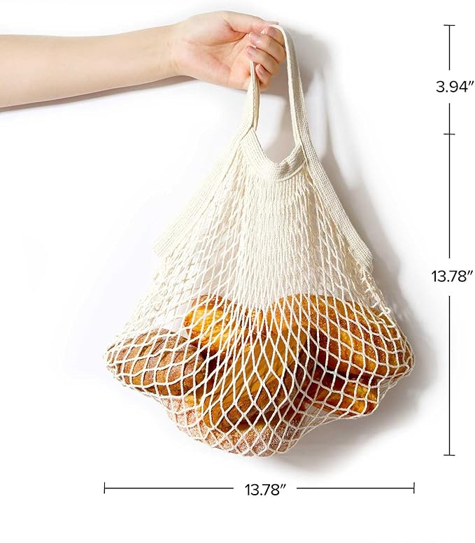 LZMS 3PCS Cotton Mesh Produce Bags,Reusable Grocery Veggie Net Tote,Washable Farmers Market Storage with Wide-Strap Carry Handles(Short Handle)