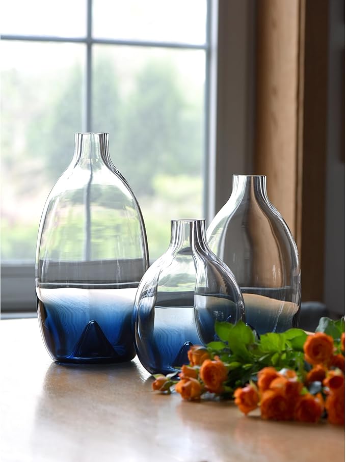 CONVIVA Glass Vase Set Modern Blue Glass Flower vases Decorative Large Home Decor Living Room Dinning Table,Wedding Party Event Tall Tabletop Set of 3