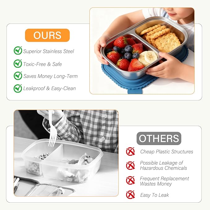 3 Pack Stainless Steel Snack Containers, Reusable Snack Containers with Lids, 2 Compartment Food Storage Containers, Lunchable Container for Kids, Office, Travel, Picnic