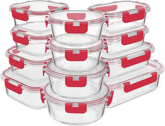 KAMOTA Glass Food Storage Containers, Red Glass Meal Prep Containers, Airtight Containers with Snap-Lock Lids, Set of 12, for Microwave/Oven/Freezer/Dishwasher