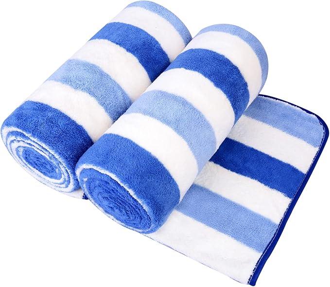 JML Microfiber Bath Towels, Bath Towel 2 Pack(30" x 60"), Oversized, Soft, Super Absorbent and Fast Drying, Multipurpose Use for Sports, Fitness, Yoga, Cabana Stripe Blue