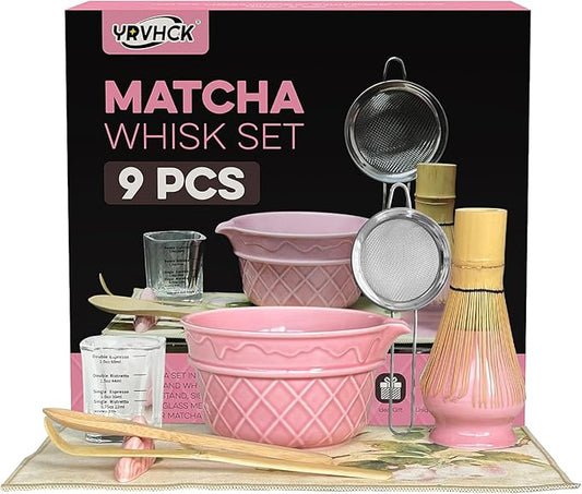 Matcha Whisk Set,9 Pcs Matcha Set with Matcha Bowl,Spout, Bamboo Whisk, Spoon Stand, Scoop, Sifter, Towel, Teaspoon and Glass Measuring Cup for Making Breakfast/Latte, Gift for Matcha Lover, Pink