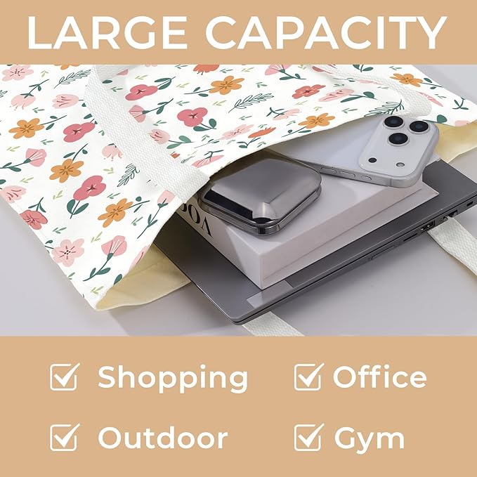 Cute Aesthetic Canvas Tote Bag for Women, Reusable Foldable Shopping Cotton Shoulder Totebag with Zipper Pocket