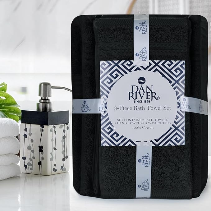 DAN RIVER 8 PC Luxury Bath Towels for Bathroom, 2 Bath, 2 Hand, and 4 Wash Cloths, 600 GSM 100% Ring Spun Cotton Towel Set, Highly Absorbent, Gym, Hotel, and Spa, Black