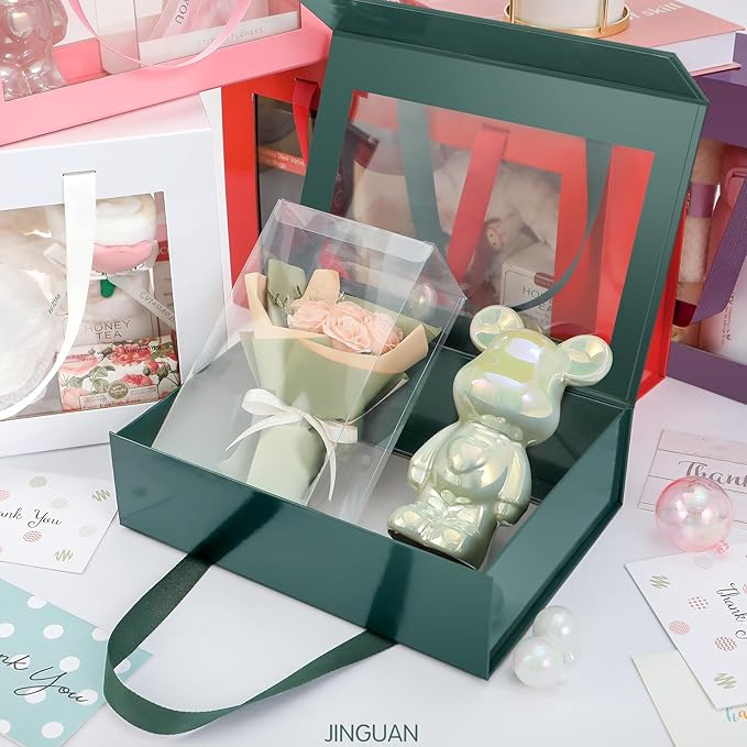 JINGUAN 5 Green Gift Boxes with Windows, Lids, and Handles - Clear Magnetic Gift Boxes for Presents - Size: 10.5x7.5x3 Inches