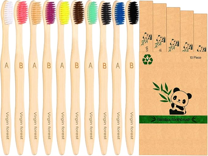 Virgin Forest 10 Count Bamboo Toothbrush, Soft Bristle for Adults, Eco Friendly Natural Wooden Toothbrushes, Vegan Organic Bamboo Travel Tooth Brush (10 Colors)