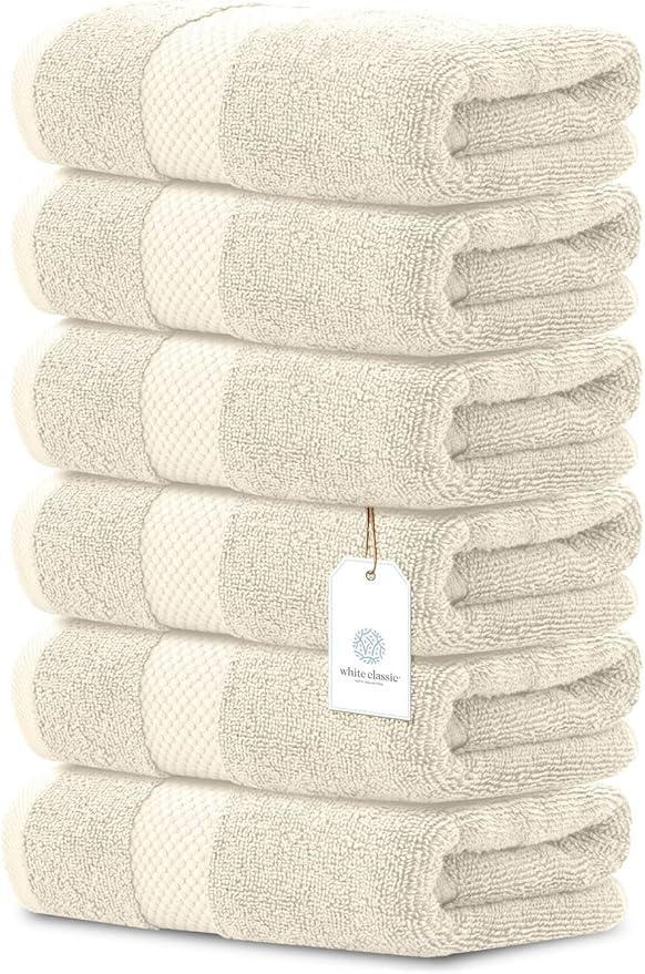 White Classic Luxury Ivory Hand Towels - Soft 100% Turkish Cotton | Highly Absorbent Hotel spa Bathroom Towel Collection | 16x30 Inch | Set of 6