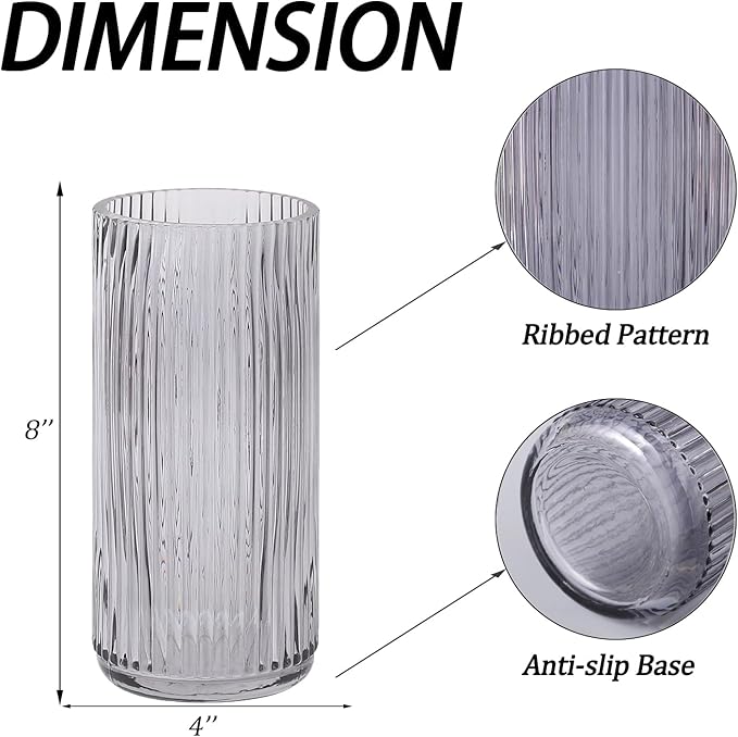 Ribbed Black Glass Vase - 8 Inch Modern Ribbed Vase for Flowers, Living Room, Bathroom, Dining Table, Office, Wedding, Centerpieces