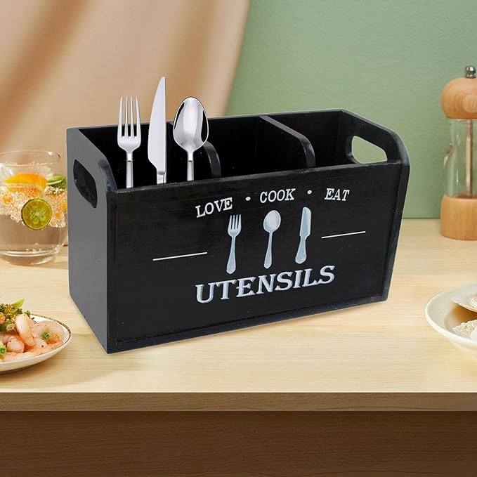 Fenteer Kitchen Utensil Holder Storage Crock Vintage Accessories Wooden Utensil Organizer Cutlery Box for Counter Hotels Restaurants, Black