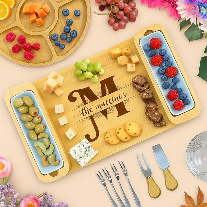 Bambüsi Personalized Charcuterie Board Gift Set - Cheese Board & Serving Tray - Large Bamboo Charcuterie Boards - Unique Elegant Housewarming Gifts New Home, Wedding Gifts, Natural