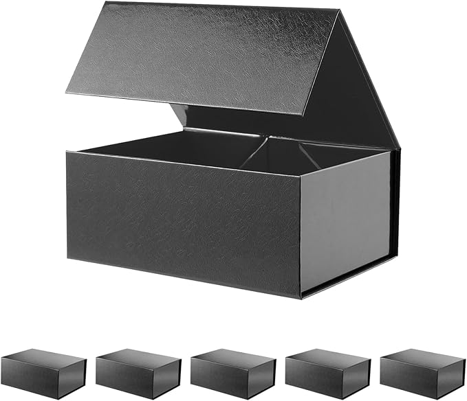 BLK&WH 6 Gift Boxes 9x6.5x3.8 Inches, Black Gift Boxes, Gift Boxes with Lids, Collapsible Gift Boxes for Gift Packaging (Glossy Black with Grass Texture)