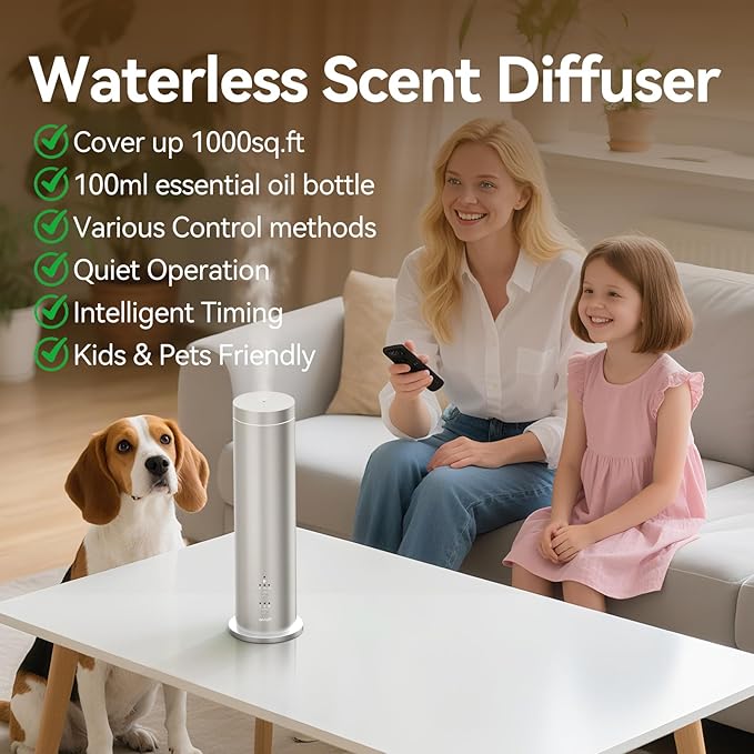 Oil Diffuser for Home Wired Waterless Essential Oil Diffuser Cold Air Scent Diffuser Covers 2000sq.ft,Remote Control,APP Control,6x50ml Fragrance Included,Silver
