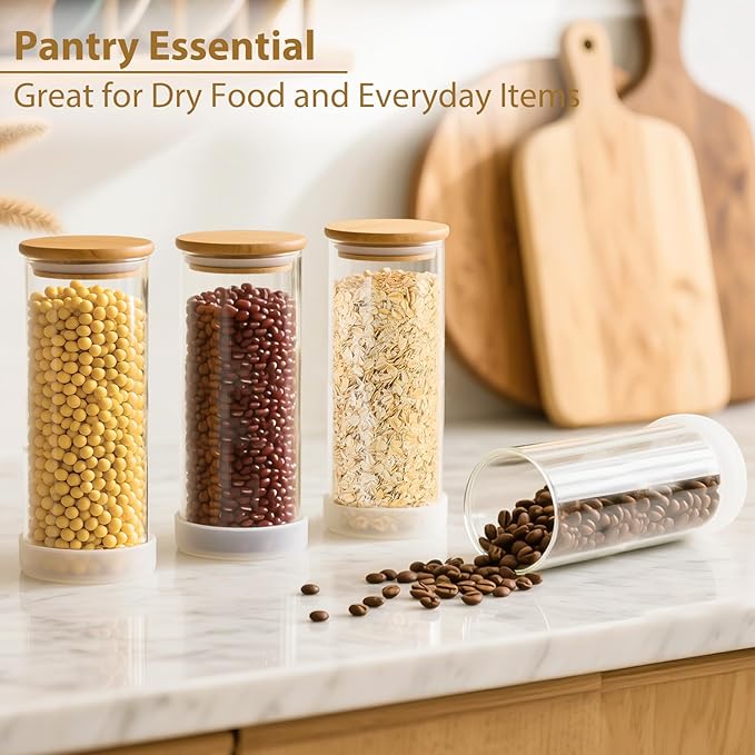 34oz Round Glass Storage Containers with Bamboo Lids – 6 Pack Medium Clear Food Airtight Glass Jars for Pantry Organizers and Storage, Kitchen Dry Food, Flour, Cereal, Coffee Beans & Staples