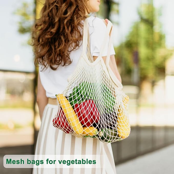 2-Pack Cotton Mesh Bag, Reusable Washable Mesh Net String Grocery Bags, Reusable Produce Bags with Handle, Net Tote Bag for Fruits/Vegetables Shopping [Avocado, Long&Short Handle]