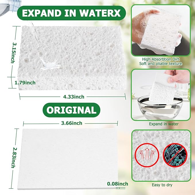 White Plant Based Kitchen Sponges, 24 Count, Dehydrate Cellulose, Natural Organic, Non-Scratch, Recycled Bio-Based, for Dishes and Countertop, Household Cleaning