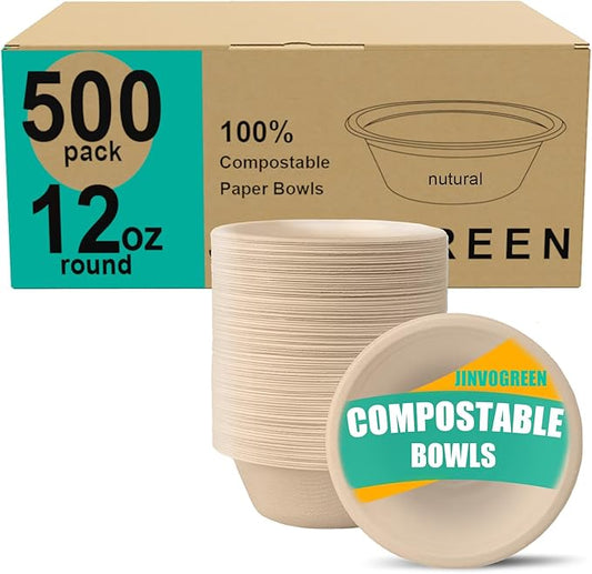 500 Count 12 oz Paper Bowls, Disposable Compostable Bowls Bulk, Heavy Duty Biodegradable Bagasse Bowl for Snacks, Soup, and Salads, Natural