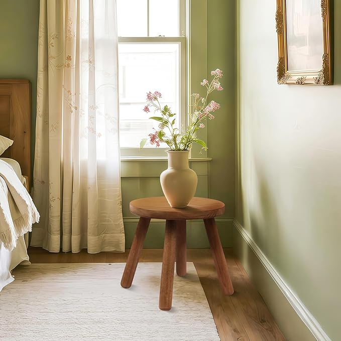 Round Solid Wooden Step Stool,Plant Stool Indoor,11.8” Height, Plant Stand for Kitchen, Bedroom, Bathroom, Livingroom (Walnut, 11.8inch)