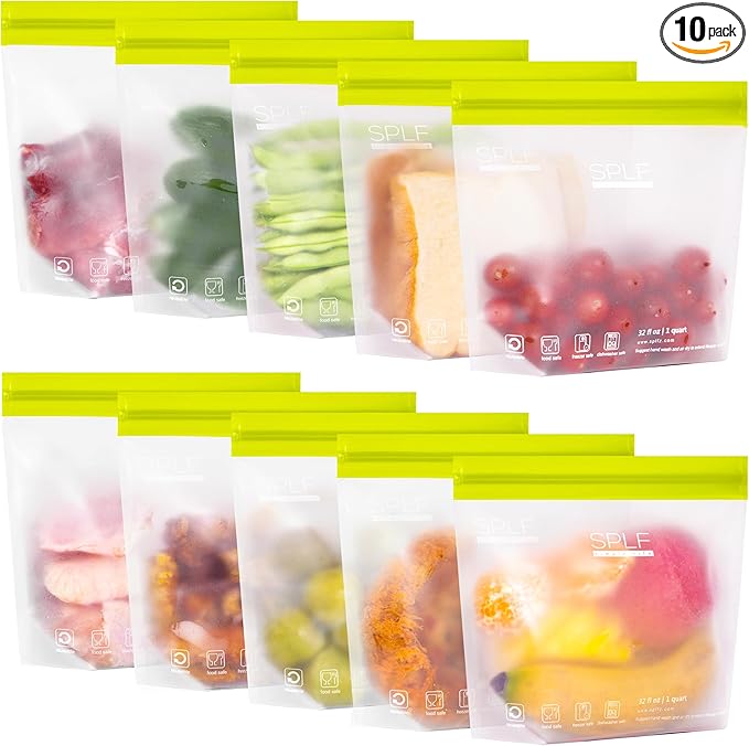 SPLF 10 Pack Stand-Up Reusable Quart Freezer Bags Dishwasher Safe, Extra Thick Leakproof 1 Quart Food Storage Bags, BPA Free Bags for Meal Prep, Sandwich, Snack, Fridge Organization