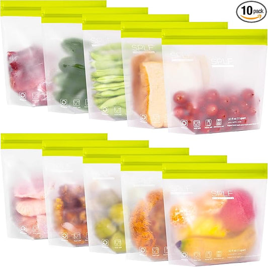 SPLF 10 Pack Stand-Up Reusable Quart Freezer Bags Dishwasher Safe, Extra Thick Leakproof 1 Quart Food Storage Bags, BPA Free Bags for Meal Prep, Sandwich, Snack, Fridge Organization