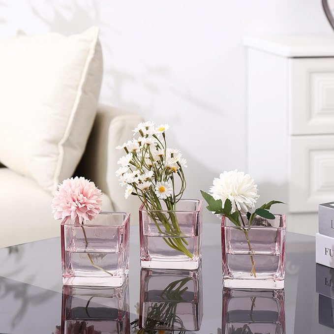 Square Flower Vases Set of 9, 3"x 3"x 3" Glass Vases for Centerpieces, Pink Vase for Flowers, Small Vase for Wedding, Party, Home Office Decoration