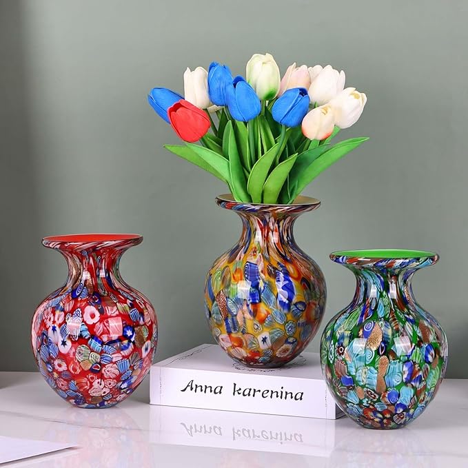 Hand Blown Glass vase, Colourful Glass Decorative vase, Glass Art vase for Bookshelf Coffee Table Floor Mantle Entry Table top TV Cabinet and Dining Table Centerpiece Decorative Flower vase. (Orange)