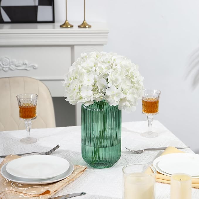 Ribbed Glass Vase, Green Flower Vase for Bouquet, Glass Vases for Flowers, Modern Vases for Living Room, Bedroom, Kitchen, Dining Table, Office, Wedding, 8.6 Inches