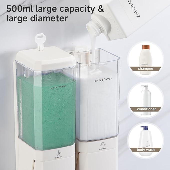 Shower Soap Dispenser Wall Mounted Shower Dispenser 2 Chamber No Drill Shampoo and Conditioner Dispenser Refillable Shampoo Dispener for Shower 2 * 500ml for Bathroom Hotel (Cream White 2 Chamber)
