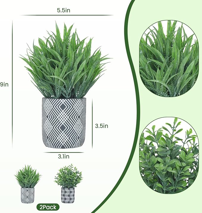 2 Pack Small Fake Plants, Fake Grass Plant, Artificial Boxwood with Geometric Pattern Cement Pots, Small Potted Faux Greenery for Home Decor, Bathroom, Shelf, Office, Farmhouse Decoration