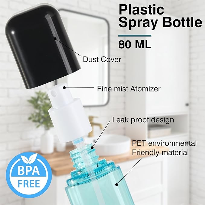 Travel Spray Bottle 3 Pack 2.7oz/80ml Portable Plastic Small Spray Bottles Refillable Mini Spray Bottle Empty Fine Mist Spray Bottles for Makeup Removers, Perfume, Essential Oils Toners Rose Waters