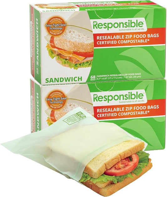 Responsible Products Certified Compostable SANDWICH Resealable Zip Bag, Extra Strength Food Bags, Made from Plant Materials (136 Pack)