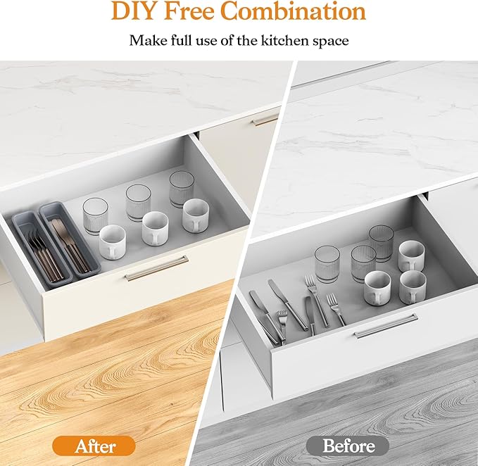 2 Pack Silicone Silverware Organizer, DIY Free Combination Utensil Drawer Organizer, Silverware Drawer Organizer, Flatware Cutlery Tray for Spoons Forks. Anti-slip and Environmentally Design (Grey)