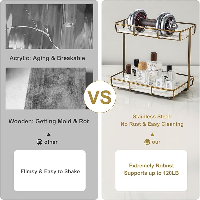 Bathroom Organizer Countertop Perfume Organizer Makeup Organizer Cosmetics Storage Display Rack Vanity Tray Dresser Stainless Steel Gold Shelf White Marble Ceramic Tray