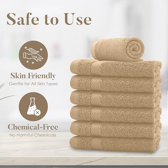 DAN RIVER 12-Pack Premium 100% Cotton TAN Face Towels – Reusable Face Towel Set, Soft & Absorbent wash Cloths for Body – Hand and Face Towels, 550 GSM (12x12 in)