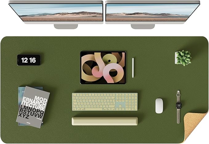YSAGi Double-Sided Desk Pad, Leather Desk Mat, Eco Cork Desk Pad Protector,Large Mouse Pad,Waterproof Desk Blotter for Office/Home (Olive Green+Cork, 47.2" x 23.6")