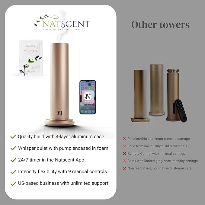 Dynamo Hotel Scent Diffuser – Cold-Air Essential Oil Diffuser for Home & Large Rooms up to 1000 sq ft, App & Manual Control, Hypoallergenic, Includes White Tea Fragrance Sample – Gold