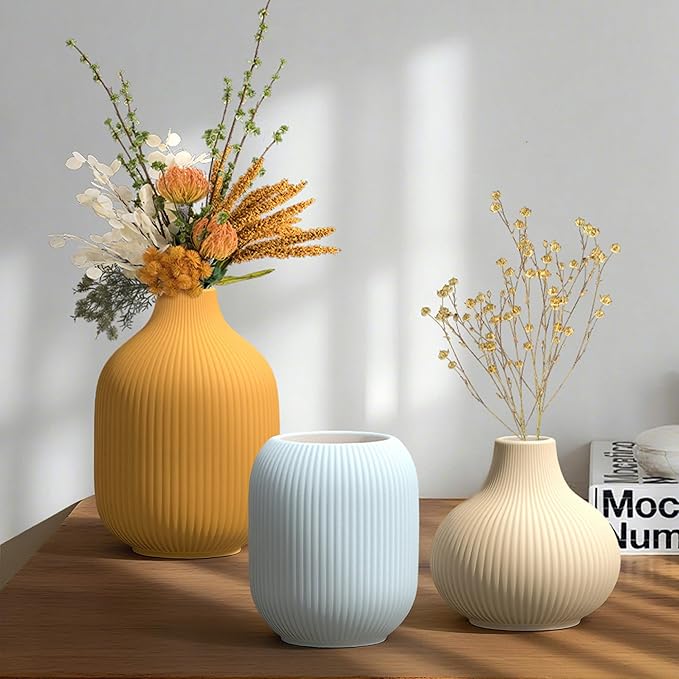 Set of 3 Vibrant Ceramic Vases in Light Blue, Mustard Yellow and Beige - Modern Minimalist Ribbed Decor for Centerpiece, Farmhouse Living Room, Kitchen Shelf, Gift Idea