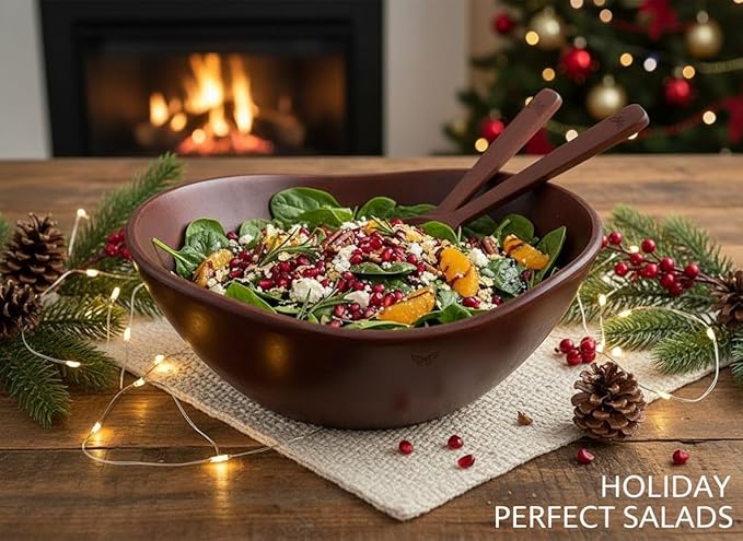 Melvvi Large Wooden Salad Bowl Set with 2 Serving Utensils | 12" Acacia Wood Royal Brown color Bowls for Food | Great Gift for Thanksgiving & Christmas (Royal Set of 3)