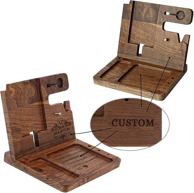 Custom Gift for Son - Wooden Docking Station, Personalized Engraved Desk Organizer, Nightstand Docking Station, Charge Station, Phone Holder, Watch, Glasses, Key, Birthday Graduation Gift (Walnut)