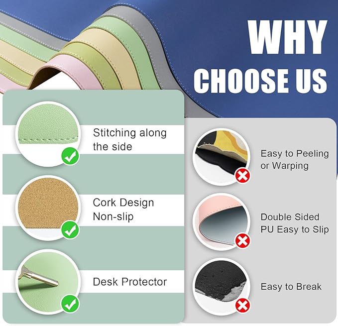 Dual-Sided Desk Pad, Natural Cork & PU Leather Mouse Pad for Desk, Desk Pad Protector, Non-Slip Desk Mat for Office and Home Work, (Light Green, 23.6" x 13.7")