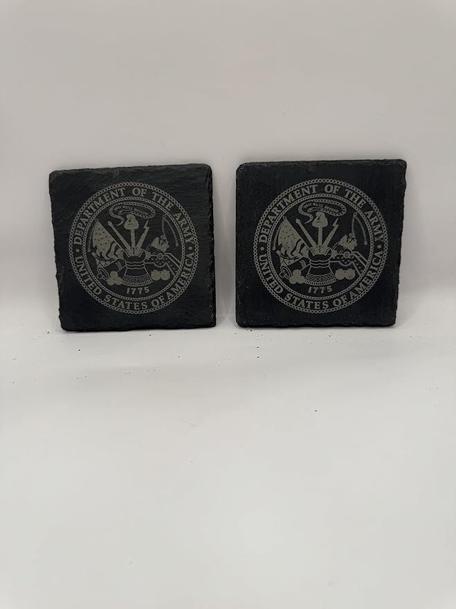 US Army Department Slate Coasters, Military Seal Design, Black, Set of 4